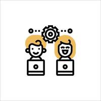 Two people are sitting at a computer with gears on the screen vector