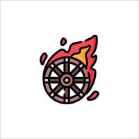 A wheel with fire on it in a line drawing vector