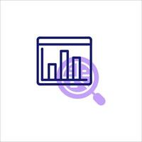 A purple icon with a magnifying glass and a bar chart vector