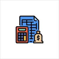 A calculator and a bag of money are shown in a line vector
