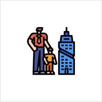 Father and son in front of skyscraper illustration vector
