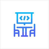 A blue icon of a computer screen with a chair and table vector