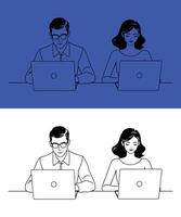 Business Teamwork Illustration of a Man and Woman Working on Laptops in an Office Environment, Collaboration and Productivity Concept for Workplace, Remote Work, Technology, and Professional Growth vector