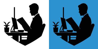 Silhouette of a Professional Man Reading a Document at His Desk in an Office Environment Focused on Productivity and Efficiency Business Concept for Workplace Organization Career Development vector