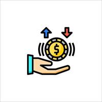 A hand holding a coin and an arrow pointing up vector