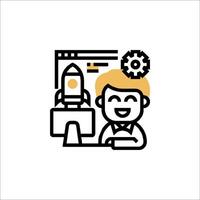 A man sitting at a desk with a rocket on the screen vector