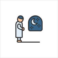 A man is standing in front of a clock and a moon vector