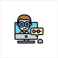 A man in glasses is sitting in front of a computer vector