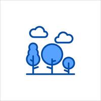 A blue line icon of trees and clouds vector