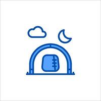 A blue line icon of a tent with a moon and clouds vector