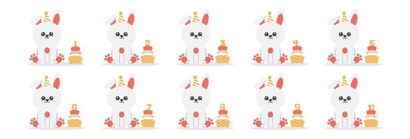 Cute rabbit character in hat, cake with number set. Beautiful elements for Kids Birthday Party invitation, greeting card, poster, event, prints and cake toppers design vector