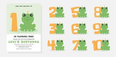 Greeting and invitation card for kids Birthday party. Cute frog and set of numbers with amphibian in flat childrens style. illustration collection, design for card, poster, event, banner vector