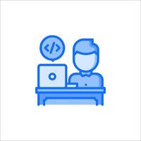 A man sitting at a desk with a laptop and a computer icon vector