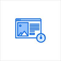 A blue line icon of a computer screen with a clock vector