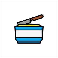 A blue and white container with a knife in it vector