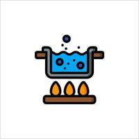 A blue and white icon of a pot with water and a flame vector