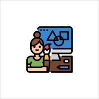 A woman is sitting at a computer with a mouse vector