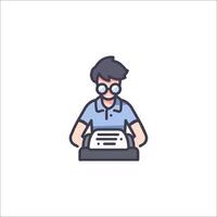 A man in glasses is sitting at a desk with a computer vector