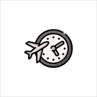 A clock and an airplane are shown in a flat line style vector