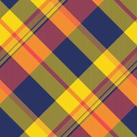 Vibrant diagonal plaid pattern in yellow, orange, olive green, and navy. Perfect for textile design, apparel, fallthemed projects, or adding a touch of autumnal style to your website. vector