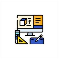 A computer and a pencil are shown in a line drawing vector