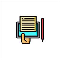 A hand holding a tablet and a pen icon vector