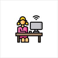 A woman sitting at a desk with a computer vector