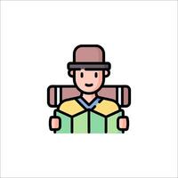 A man with a backpack and hat is shown in a flat style vector