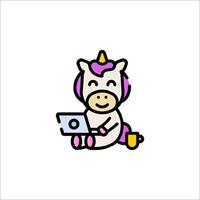 A unicorn is sitting on a laptop with a cup of coffee vector