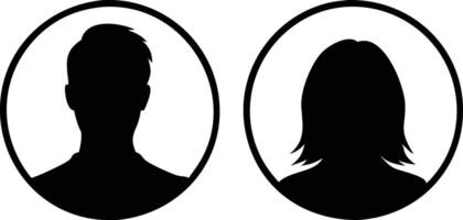 Man and Woman Silhouettes, Profile Avatar, Round Frame, User Icon, Black and White vector