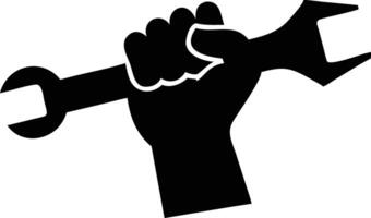 Raised fist holds wrench, tool. Mechanic worker hand holding adjustable spanner tool vector