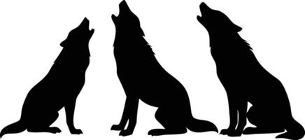 Silhouette of Three Howling Wolves Sitting on White Background, Wildlife Animal Design vector