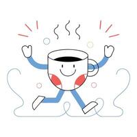 Joyful Coffee Cup Character Running with Excitement, Cartoon for Morning Energy and Happiness, Modern Design vector