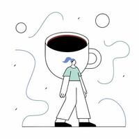 Minimalist of a Woman Carrying a Large Coffee Cup with Abstract Lines and Shapes on White Background vector