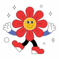 Retro Cartoon Flower Character Illustration, Happy Smiling Face, Red Petals, 70s Inspired Design, Colorful Groovy Style, Isolated on vector