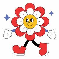 Groovy Flower Power Character Walking with Star Accents on a White Background, Retro Style vector
