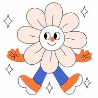 Groovy Flower Power Cartoon Character with Retro Style, Expressing Happiness, Surrounded by Sparkling Stars on a White Background vector