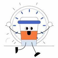 Cartoon Coffee Cup Character with Clock, Holding Hands Up, on White Background, Minimalist Design vector