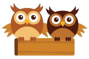 Two Brown Owls Cartoon Style Sitting On Wood Log Isolated on White Background vector