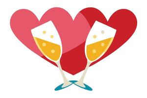 Two Champagne Glasses with Yellow Bubbles and Red Heart on White Background vector