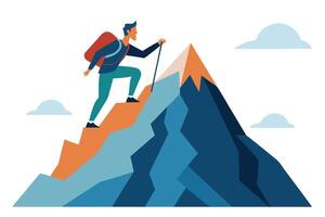 Man Climbs Mountain with Backpack and Trekking Pole on White Background vector