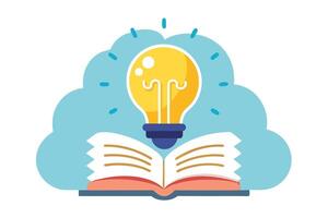 Open Book Under Yellow Bulb with Blue Cloud, on White vector