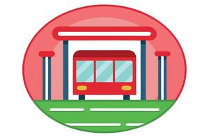 Red Bus Station with Green Base and Circular Red Background Flat vector