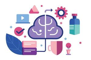 Creative Cloud Design With Purple Brain, , Cog, Leaf on a White Background vector