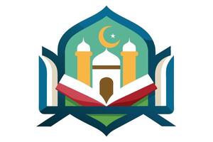 Flat Design Mosque with Open Book, Crescent Moon, Star on a White Background Icon vector