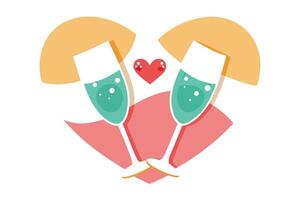 Two Celebration Teal Champagne Flutes with Red Heart and Abstract Shapes Design vector