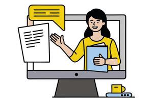 Woman on Computer Screen Holding and Speech Bubble on transparent background vector