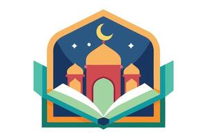 Flat of Mosque with Crescent Moon and Open Book with Transparent Background vector