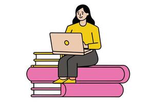 Smiling Woman with Laptop Sits on Books Stack Isolated on Transparent Background vector