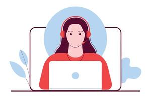 Flat Portrait of a Woman with Headset using Laptop with geometric elements vector